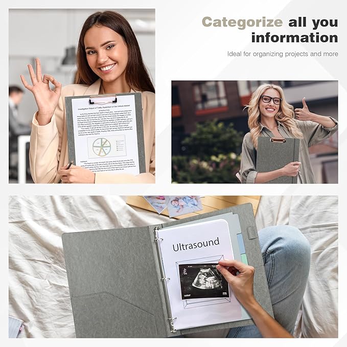 Ospelelf 3 Ring Binder With Clipboard 1 Inch Leather for Letter Size (8.5" x 11"), 5 Tab Dividers Office Supply, Grey