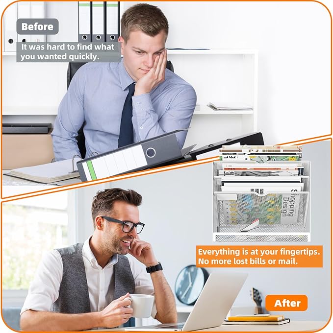 4 Tier Magnetic File Holder, Large Capacity Mesh Hanging Wall Organizer Vertical Magnetic Hanging File Organizer, Magnetic File Folder Holder for File Cabinets, Office, Whiteboard (White)