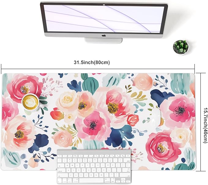 Colorful Star Large Mouse Pad, Pink Floral Desk Mat for Desktop, Women Girls Flowers PU Leather Waterproof Desk Pad, Computer PC Laptop Protector Gaming Mouse Pads for School Office Home 31.5" x 15.7"