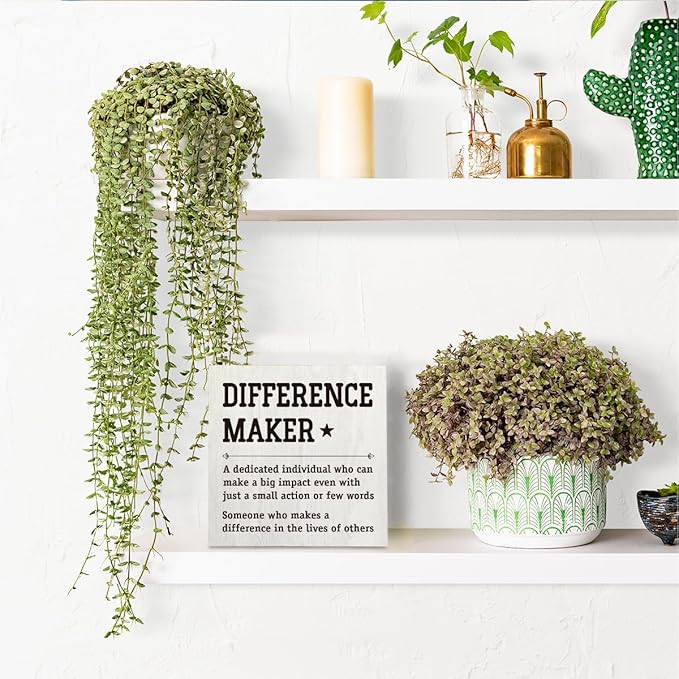 HTBIG Difference Maker Thank You Gifts Office Decor Funny Inspirational Desk Decor Coworker Gifts for Women Men Teacher Boss Day Retirement Rustic Wooden Box Sign for Tabletop Office Bookshelf White