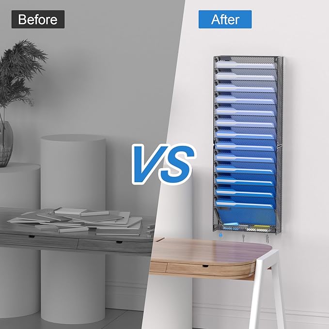 OUTWOLF 15 Tier Wall File Organizer with Hooks, Hanging Wall File Holder Wall Mount Paper Folder Organizer for Office, Magazine Rack