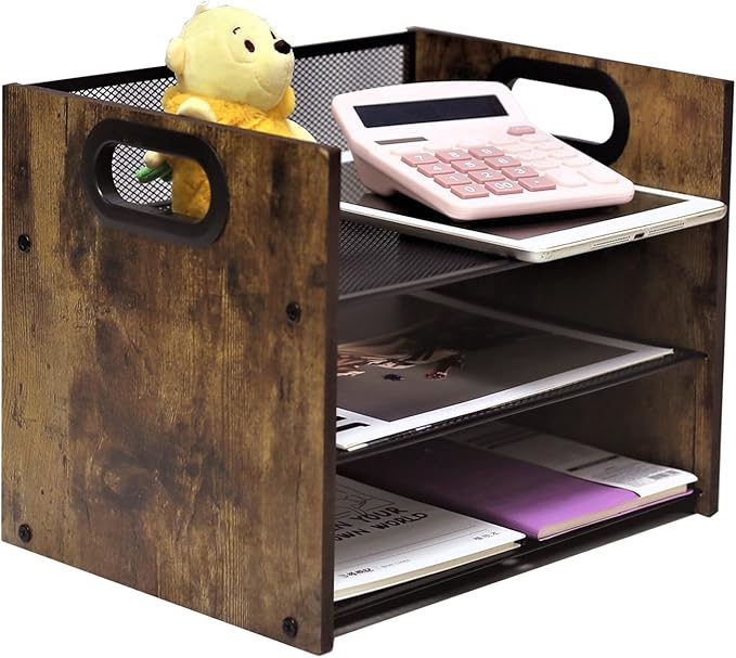 Wood Desk Organizer - 3-Tier Desktop File Organizer, Wooden Paper Tray, Office Desk Organzier and Accessories for Papers, Mail, Notebooks, Stationery
