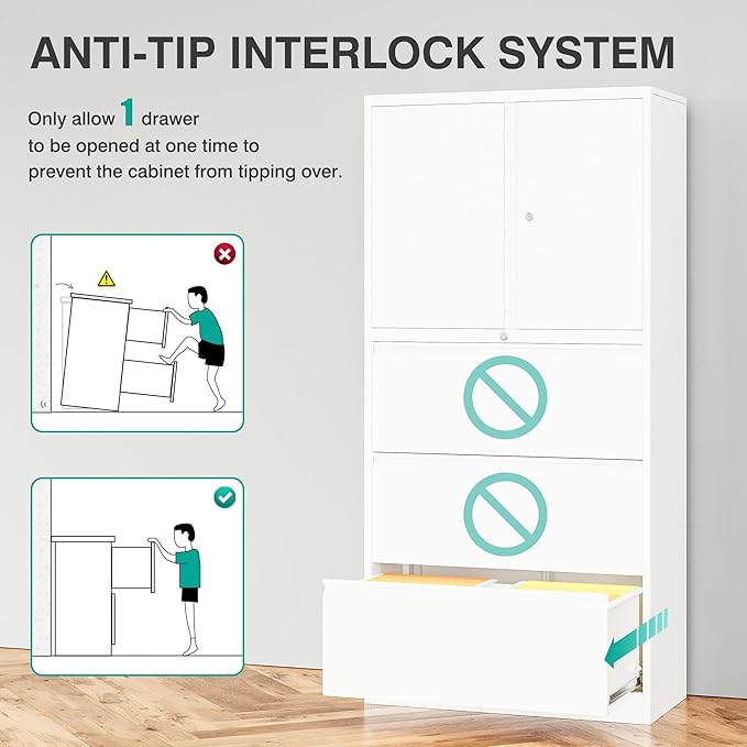 SISESOL 3 Drawer Lateral File Cabinet with Lock,White Filing Storage Cabinet with Doors and Shelves,Locking Metal Storage Cabinets with Drawers for Home,Office,Garage,School,Fit A4/Letter/Legal File