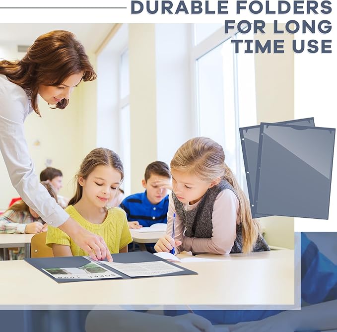 Henoyso 60 Pcs 2 Pocket Plastic Folders with Clear Front Pocket 3 Hole Punched File Folder Letter Size Take Home Documents Holder for Paper Holder Office Business Back to School Supply (Navy Blue)