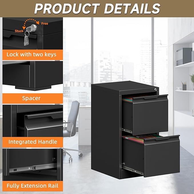2 Drawer File Cabinet, Metal Vertical File Cabinets with Lock for Home Office, Locking File Cabinet Hanging Files for A4/ Legal/Letter, Assembly Required (Black, 2 Drawer - 15" W)