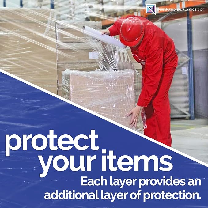 International Plastics Co. 18" Stretch Film/Wrap 1500 feet 7 Layers 80 Gauge Industrial Strength up to 800% Stretch 20 Microns Adhering Packing Moving Heavy Duty (Clear, 4 Pack - Tension Handles)