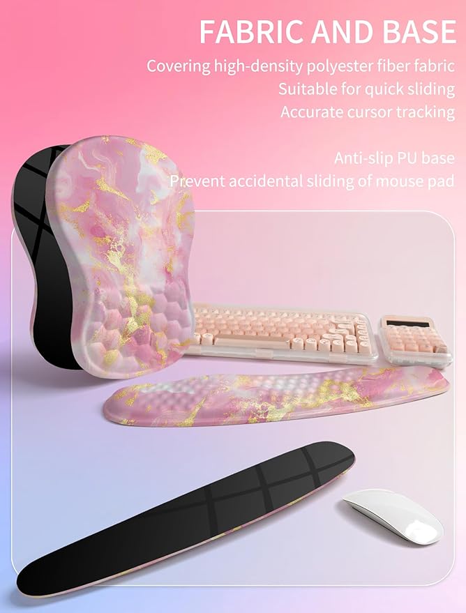 Hokafenle 2in1 Combination, Wave Keyboard Wrist Rest and Ergonomic Curvature Mouse Pad Wrist Support for Relieve Wrist Pain, Filled with Soft Cushion Memory Foam, Golden Pink Marble