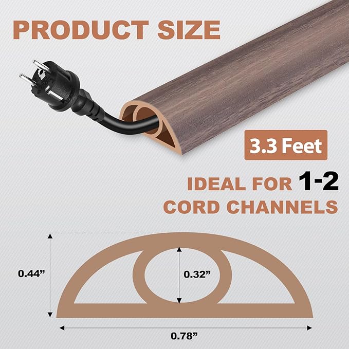 Floor Cord Cover for Wires on Floor Self Adhesive Cord Hider Floor Cable Management Wire Covers for Cords Protector Prevent Cable Trips Cord Cavity W 0.32" x H 0.32", Grayish Brown Wood, 3.3Ft