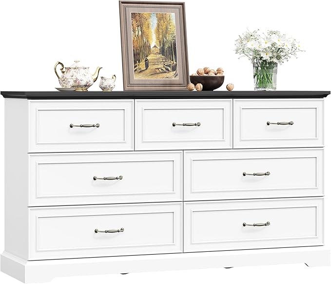 7 Drawer Dresser for Bedroom, 57" Wide Wooden Chest of Drawers, Rustic Farmhouse Dresser with Large Drawers & Metal Handles, Modern Storage Organizer for Closet, Living Room, Hallway, White