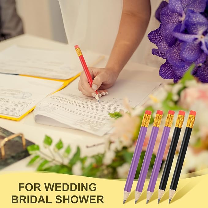 MECCANIXITY Golf Pencils with Erasers, 4" HB Mini Half Pencils Pre Sharpened Small Pens for Wedding Bridal Shower Game Office Writing Drawing(Purple/Black, Pack of 50)