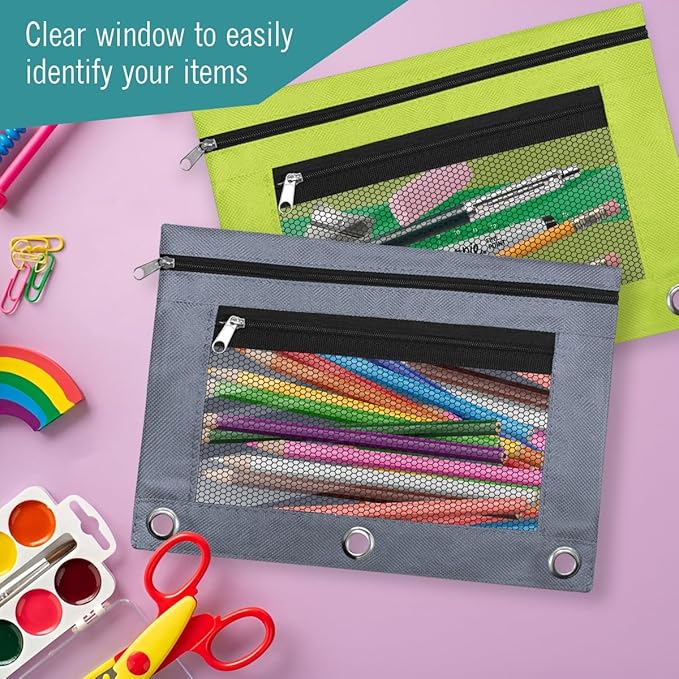 EXTRIC 3 Ring Binder Pencil Pouch with Clear Window, 12 Pack Pencil bags, 4 Color set, Durable Zippered Pouch with 2 Pockets for School Supplies