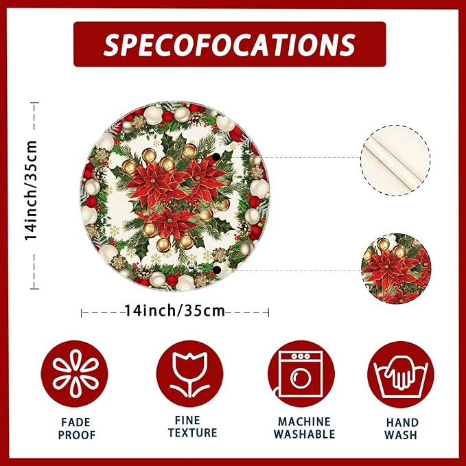 XCHI Christmas Poinsettias Leaves Bells Snowflakes Winter Xmas Round Placemats Set of 4 Table Mats for Party Home Kitchen Dining Table Decorations 14x14 Inch