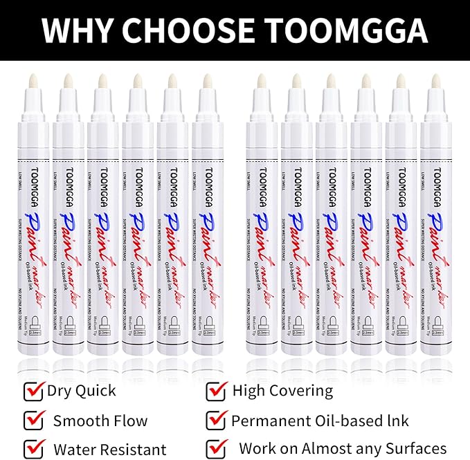 White Paint Pens Permanent Paint Markers - 12 Pack Oil Based Marking Pens, Medium Point, Quick Drying and Waterproof Pens for Rock Painting Car Tyre Metal, Plastic, Canvas, Wood