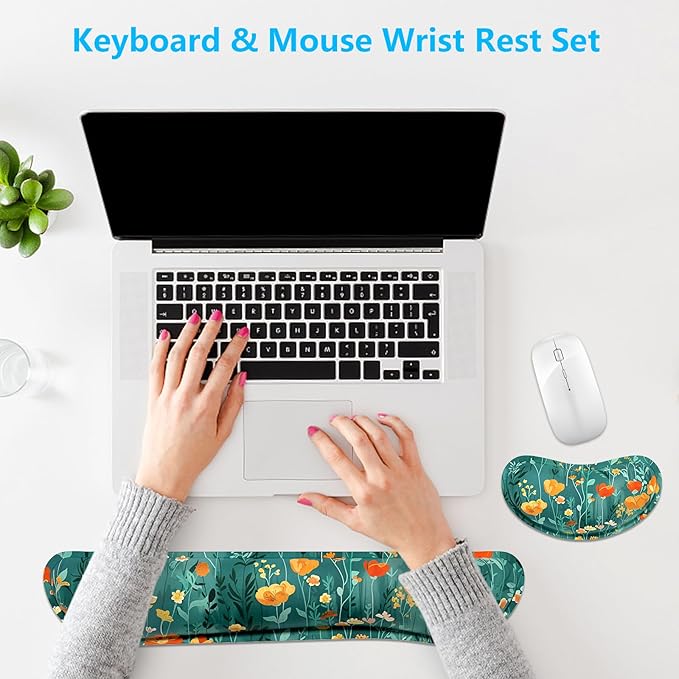 Dapesuom Enlarge Keyboard Wrist Rest Pad, Memory Foam Set Wrist Cushion Support for Easy Typing & Pain Relief, Mouse Wrist Pad, Anti-Slip Wrist Support for Gaming, Computer, Office, Forest Flowers