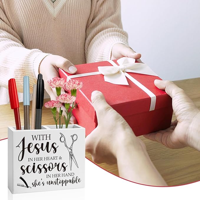 Hairstylist Gifts, Hairdresser Gift for Women Men Friend Employee Rustic with Jesus in Her Heart and Scissors in Her Hand Wooden Box Holder Home Hair Salon Barbershop Decor