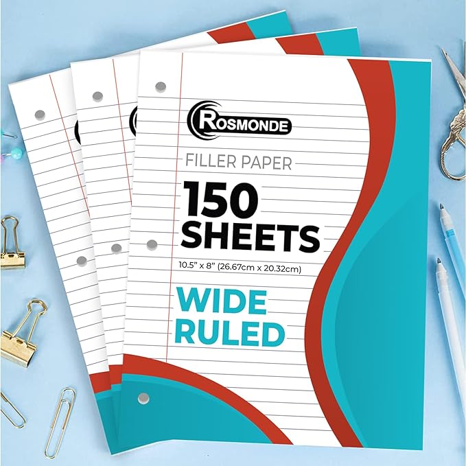 Loose Leaf Paper, 900 Sheets, 6 Pack, Wide Ruled, 8" x 10.5", 56 gsm Bulk Office Filler Sheets, 3 Hole Punched, 150 Sheets/Pack, Wide Ruled for 3 Ring Binder, Notebook Paper, White
