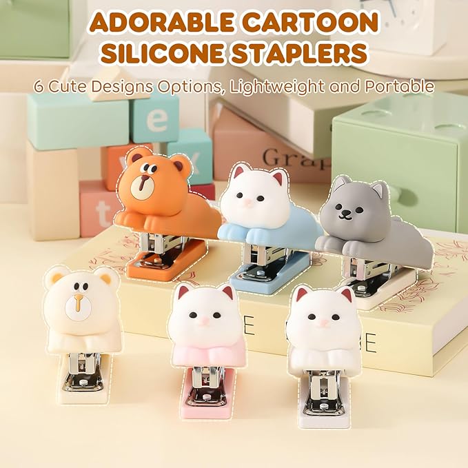 Honagu Mini Cute Animal Stapler with Staples, Cartoon Stereoscopic Silicone (PVC) Stapler, Labor-Saving Office Supplies for Students Kids (Gray Puppy)