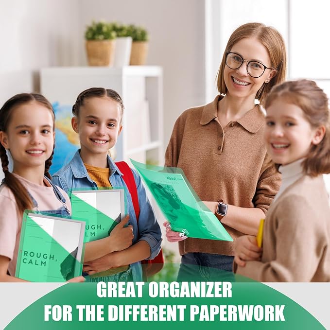 Seajan 100 Pcs Pocket Folders for 3 Ring Binder Clear Plastic Folders Sleeves with 2 Pockets 3 Hole Punch Binder Dividers Poly Slash File Jackets for Office School Document Organizer (Green)