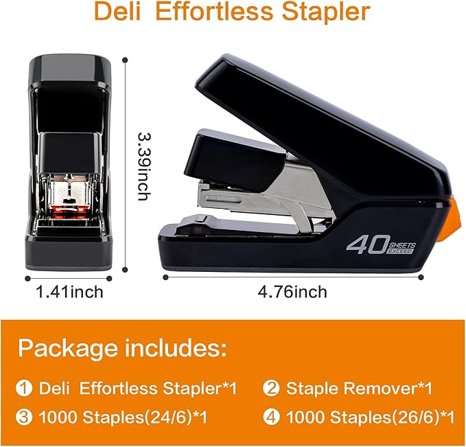 Deli Stapler, Effortless Staplers for Desk, 40 Sheet Capacity Heavy Duty, One Touch, No Effort, Easy to Load,with 2000 Staples & Staple Remover, Good for Office, Home Use, Black