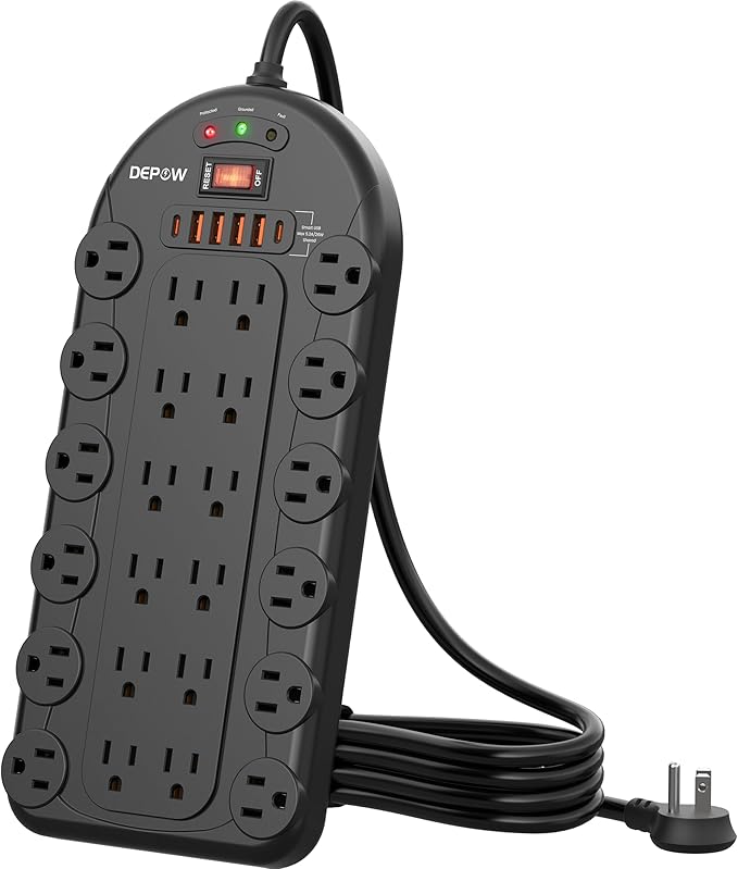 Power Strip, 24 AC Outlets (1875W/15A) with 6 USBs (2 USB-C Ports), ETL Listed, Surge Protector (3,400 Joules), 8 Ft Heavy Duty Flat Plug Extension Cord, Wall Mountable for Home, Office, Black