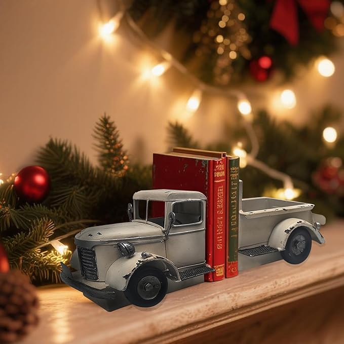 Decorative Book Ends Vintage Bookends: Metal Truck Book Stopper for Heavy Books - Farmhouse Decor for Shelf Table Coffee Bar Office Home - Gift for Adults Men Teen (Vintage White)