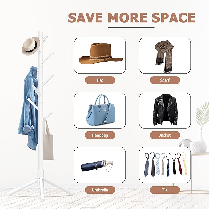 Wooden Coat Rack, Free Standing Coat Rack with 8 Hooks 3 Adjustable Heights for Clothes, Hats, Handbags, Coat Tree Easy Assembly for Entryway, Bedroom, Hallway, Office(2PCS)