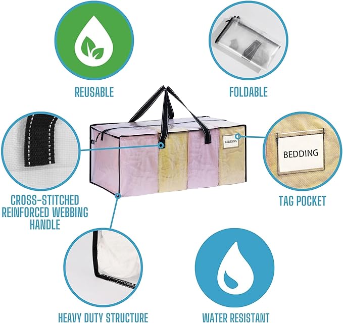 VENO 6 Pack Moving Bags Extra Large Storage Bags for College Move-In, Heavy-Duty Storage Totes, Packing Boxes, and Wardrobe Moving Supplies - Durable Laundry Bags for Clothes (Clear, 6 Pack)