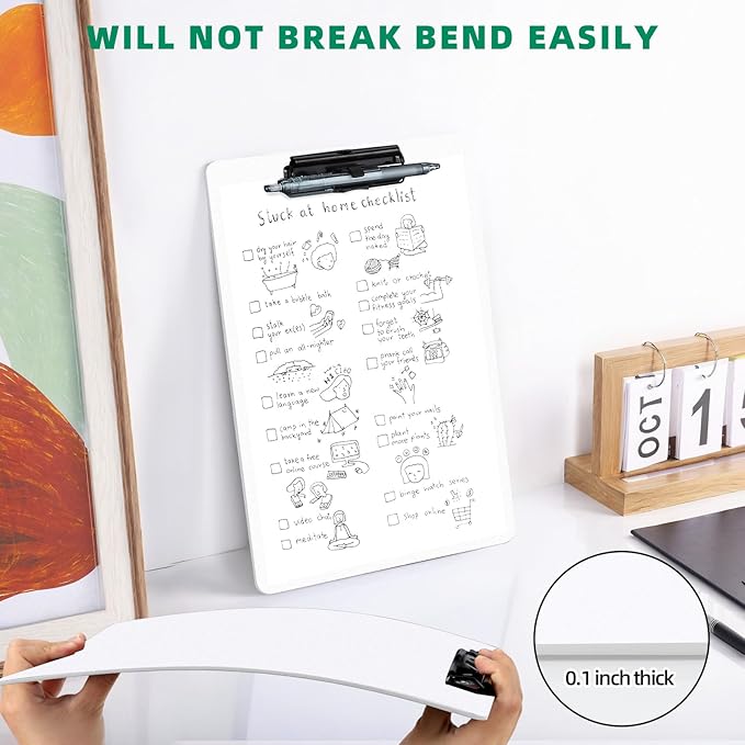 White Clipboard with Pen Holder, 2 Pack Plastic Clipboard with Low Profile Metal Clip, Hanging Clipboards Holds 8.5x11 Inch Papers, Standard A4 Letter Size Clip Board for Office & School