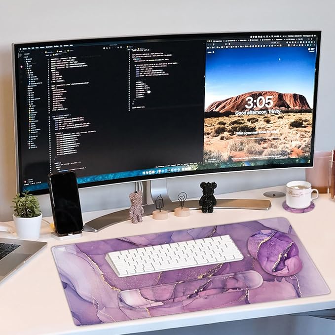 4-in-1 Gaming Mouse Pad Wrist Support Set,Desk Pad + Mouse Pad with Wrist Rest + Keyboard Wrist Rest + Coaster, Ergonomic Design for Home Office Study Game - Purple