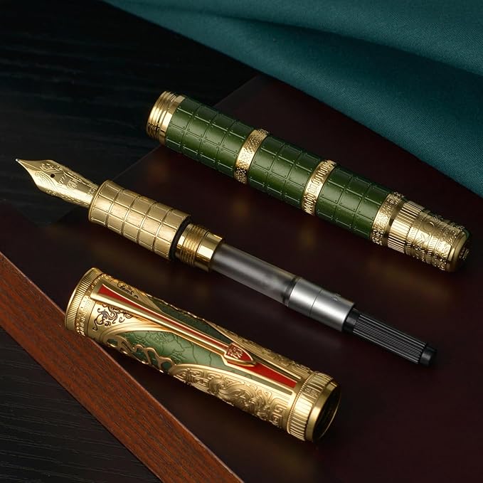 Hongdian D5X Fountain Pen - Green Qin Dynasty Retro Chinese Totem Engraving, Extra Fine Nib, Smooth Writing with Converter and Pen Box Set
