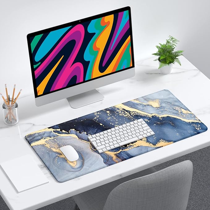 Desk Mat, 32" x 12" XXL Extended Large Gaming Mouse Pad, Desktop Decor Desk Pad, Cute Men Women Office Supplies and Accessories, XL Mouse Mat for Laptop & Keyboard, Blue Gray Gold Marble