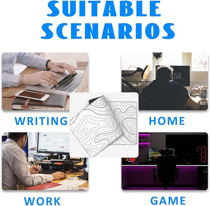 Desk Mat, White Topographic Contour Map Extended Gaming Mouse Pad Large, 35.4"x15.7" Big Mouse Pad with Non-Slip Base and Stitched Edge, Long Computer Keyboard Mouse Mat for Home Office Work