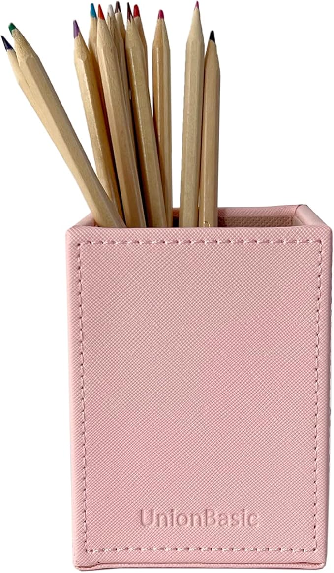 UnionBasic Square Pen Holder, Leather Pencil Cup, Desktop Caddy Stationery Organizer, Taiga Pattern Leather, Pink