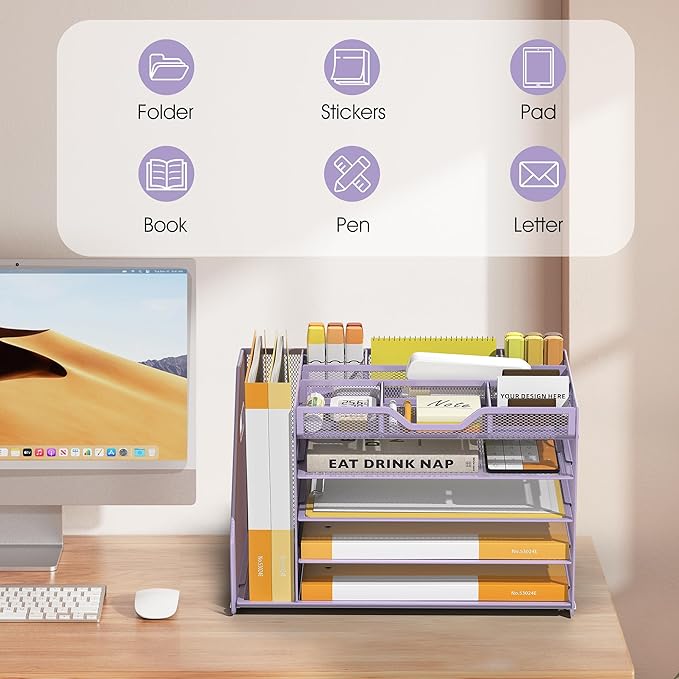 5 Tier Paper Letter Tray with File Holder and 3 Drop-in Pen Holders, Mesh Desk File Organizer with Handle, Desk Organizers and Accessories for School,Home, Office Supplies Storage-Purple