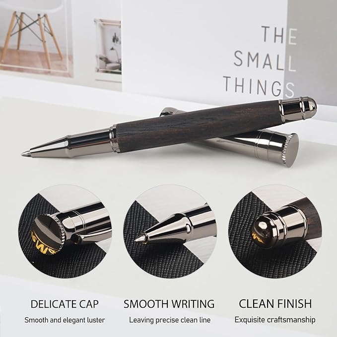WEMATE Wood Rollerball Pen Set, Extra 2 Ink Refills(1 Black & 1 Blue), Fancy Writing Pen Nice Luxury Office Gift for Men, Professional, Executive, Cool Wooden Pen for Journaling - Blackwood