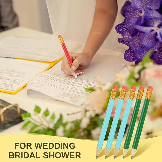 MECCANIXITY Golf Pencils with Erasers, 4" HB Mini Half Pencils Pre Sharpened Small Pens for Wedding Bridal Shower Game Office Writing Drawing(Blue/Green, Pack of 50)