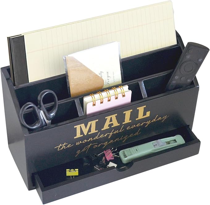 Wooden Black Rustic Countertop Mail Storage Holder with Drawer and Compartments - Office Desk Accessories and Workspace Organizers - Desktop Sorter for Pen Stationery Letter Files Documents