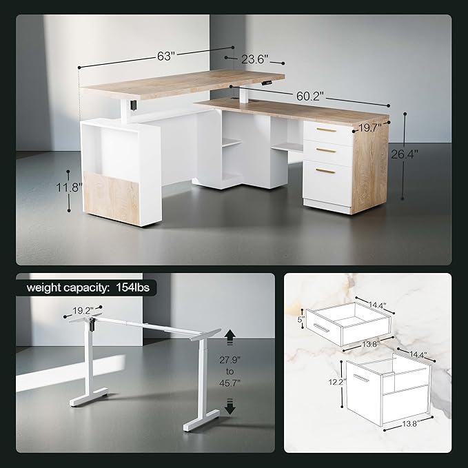 63" Standing Desk with File Cabinet, Privacy Panel, AC/USB, 1.18" Desktop, Executive L Shaped Height Adjustable Electric Stand Up Desk, Home Office Table with 3 Drawers, Light Walnut