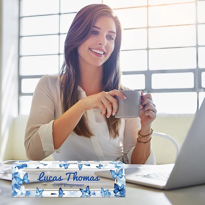 Custom Name Plate for Desk, Personalized Acrylic Office Name Sign with Name & Title, Elegant Desk Decor for Women Men, Employee Appreciation Gift (Blue Butterfly)