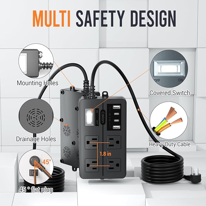 Outdoor Power Strip Weatherproof, IPX6 Waterproof Extension Cord Multiple Outlets with USB Ports, Overload Protection Shockproof,Electrical Power Strip Wall Mountable for Outdoor Decorations…, Black