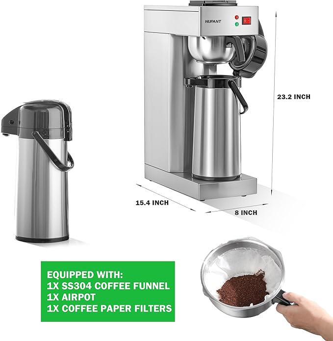 Commercial Airpot Coffee Brewer 2.2L/74oz Dirp Coffee Maker with 24H Insulated Thermal Carafe Stainless Steel Pour Over Coffee Machine 120V/1450W COFFEE Dispenser for Café Restaurant Cafateria