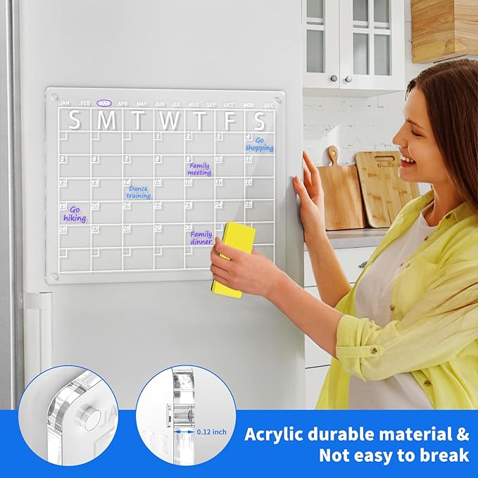 AITEE Acrylic Magnetic Dry Erase Board Calendar for Fridge, 16"x12" Inches Clear Dry Erase Calendar for Refrigerator Includes 6 Markers with 3 Colors