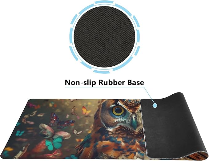Oversized Non-Slip Mouse Pad for Gaming and Work - XXL Size with Easy Gliding Surface and Rubber Base - Perfect for Office and Home - Cute Owl and Rainbow Design