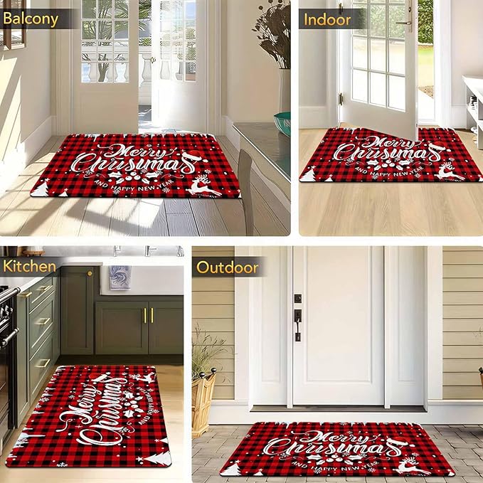 Merry Chirstmas Doormat Buffalo Plaid Door Mat for Front Door, Front Porch Rugs Easy Clean Welcome Mats Outdoor Rug Indoor Outdoor Winter Decor, 16" x 24" Inch
