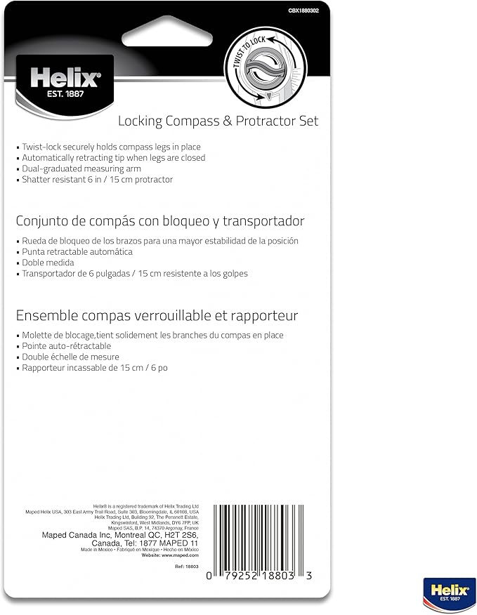 Helix - Plastic Locking Compass and Protractor - 2 Piece Set - Geometry, Drafting & Drawing