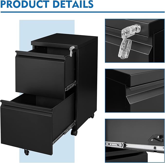 2 Drawers File Cabinet with Lock Metal Vertical File Cabient with Wheels Mobile File Cabinet for Office Home Legal/Letter/a4 Size Fully Assembled