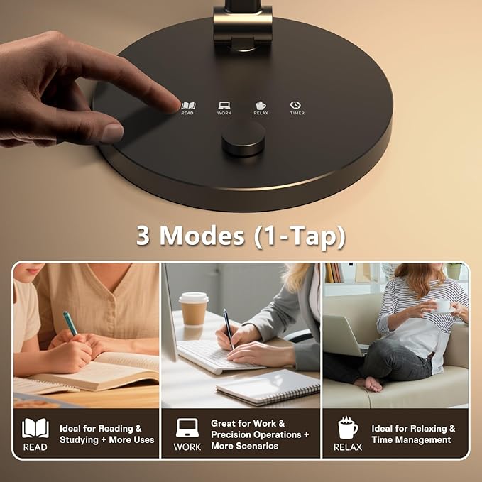 LED Desk Lamp for Home Office, Eye-Caring Modern Desk Light, 3 Color Temperature 10 Brightness Computer Light, Dimmable Desk Light with Memory & Timer Func, Metal Swing Arm Table Lamp