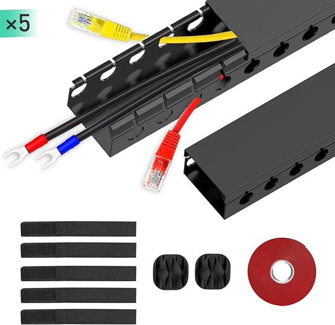 Updated Cable Raceway Kit - 77 (5x15.4) Inch Open Slot Wire Covers for Cords, Under Desk Cable Management System to Hide Under Desk/Tv/Computer/Net/Power Cords, (Pack 5)