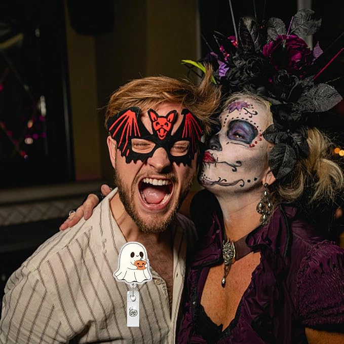 Cute Ghost Badge Reel Acrylic Retractable Halloween Badge Clip with 360° Rotating ID Card Holder Ghost Holding Pumpkin Badge Reel Designs Halloween Spooky ID Badge Holder for Nurses, Doctors