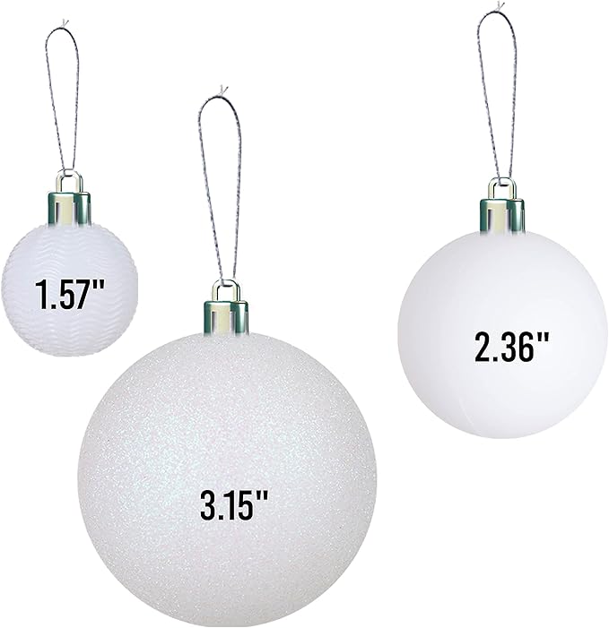 Prextex 36 Piece White Christmas Ornaments and Balls - White Ornament Set with 3 Sizes and 6 Styles - Shatterproof Christmas Ornaments for Tree, Wreath, and Holiday Decor for Indoor or Outdoor Display